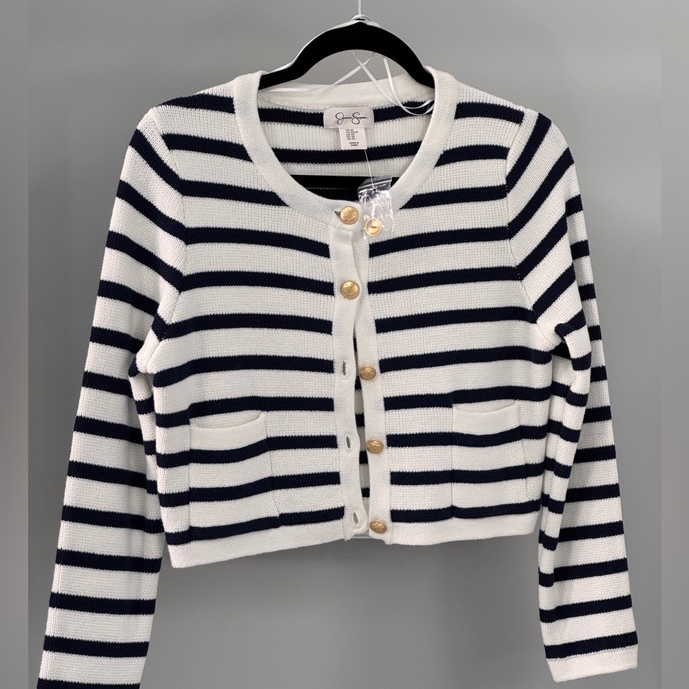 Jessica Simpson Blue and White Striped Cropped Jacket